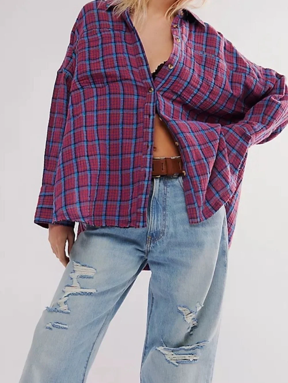 Free People We The Free Cardiff Plaid Button Down Shirt Size Medium
